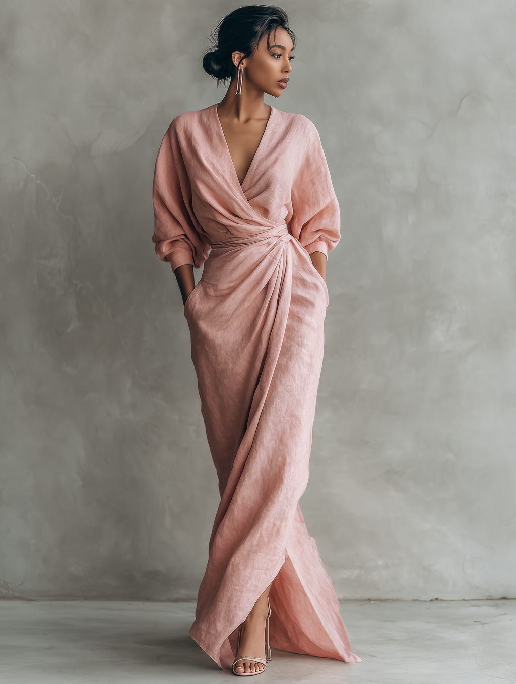 Rosa Maxi Kleid V-Hals