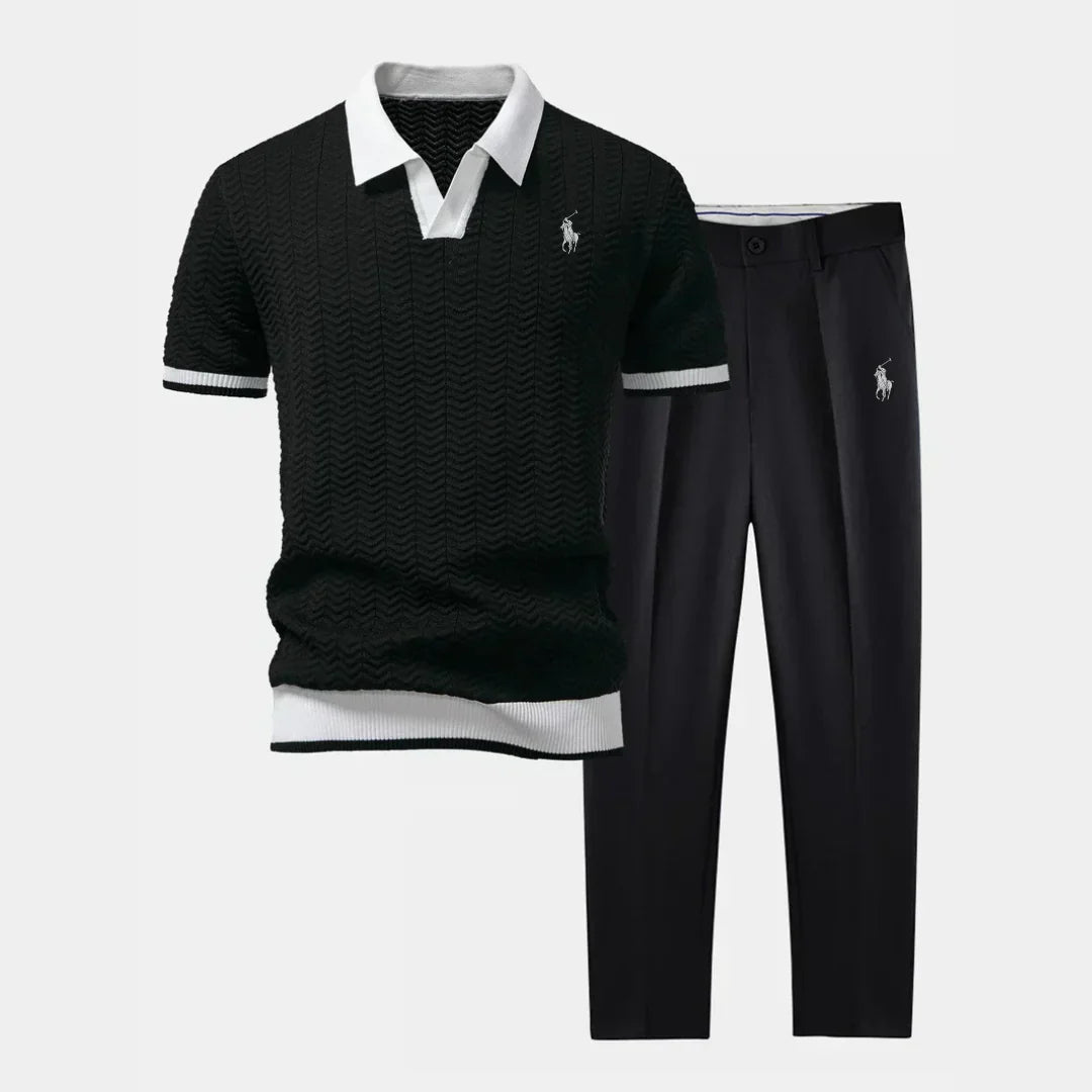 V-Ausschnitt-Poloshirt & Schlanke Anzughose