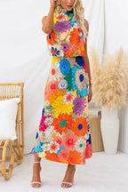 Sommer | Ärmloses Maxikleid mit Bindeband am Hals, taillierter Schnitt, Blumendruck