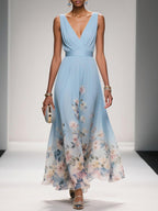 Rose | Hellblaues Blumenmuster-Chiffon-V-Ausschnitt-Maxikleid