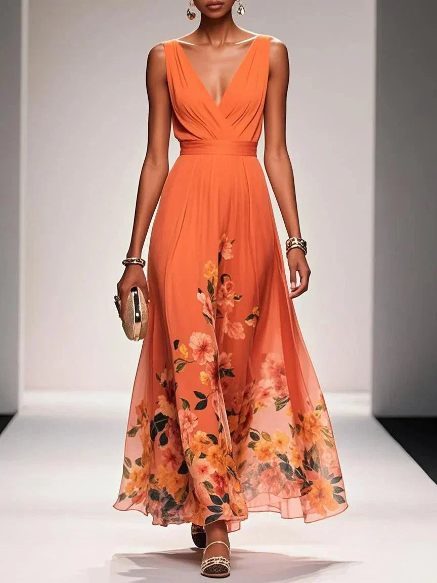 Rose | Hellblaues Blumenmuster-Chiffon-V-Ausschnitt-Maxikleid