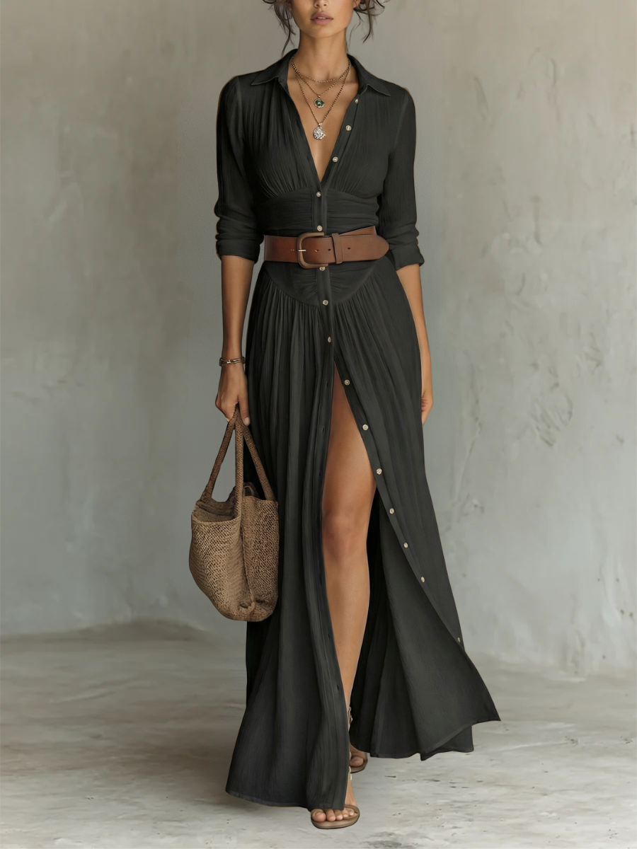 Maxikleid Reverskragen Langarm