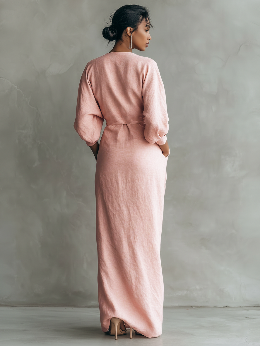 Rosa Maxi Kleid V-Hals