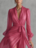 Beatrice | Elegantes Chiffon-V-Ausschnitt-Langkleid mit Taillengürtel