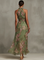 Florence | Grünes florales Chiffon-Halter-Maxikleid