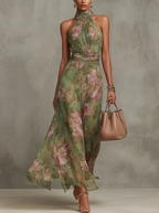 Florence | Grünes florales Chiffon-Halter-Maxikleid