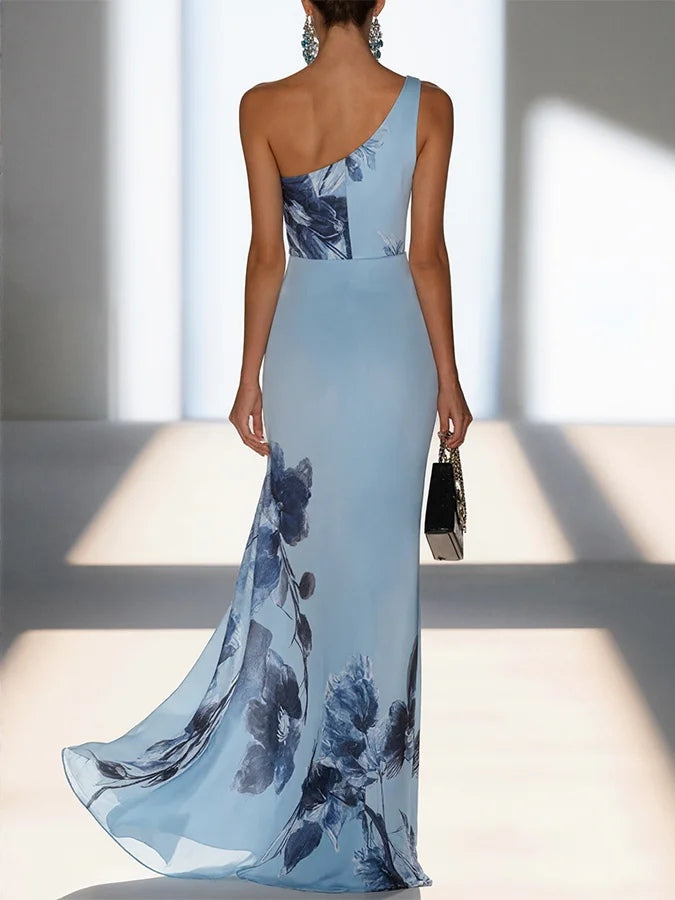 Victoria | Satin-Tintenprint Schulterfreies Maxikleid