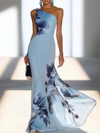 Victoria | Satin-Tintenprint Schulterfreies Maxikleid