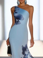 Victoria | Satin-Tintenprint Schulterfreies Maxikleid